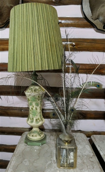 Retro Green and Cream Floral Chalk Lamp and Glass Candle Lantern with Peacock Feathers