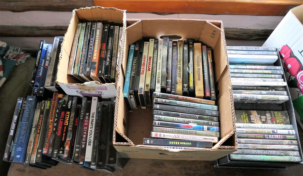 Lot of 80 Plus DVD Movies including Kong Shell Island, Vlad the Impeller, Mermaid Down, Game of Thrones Seasons 6 & 7, Dirty Jobs, and More