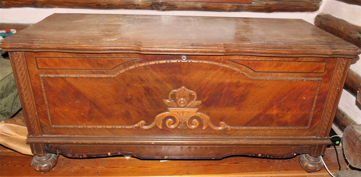 Lane Cedar Chest on Feet - Original Paper Labels on Top, Some Veneer Loss - Measures 23" Tall 47" by 18"