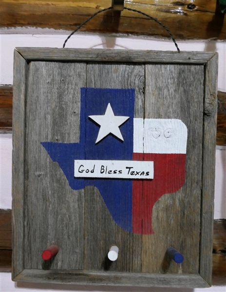 "God Bless Texas" Reclaimed Wood Plaque with Hooks - Measures 13" by 12"