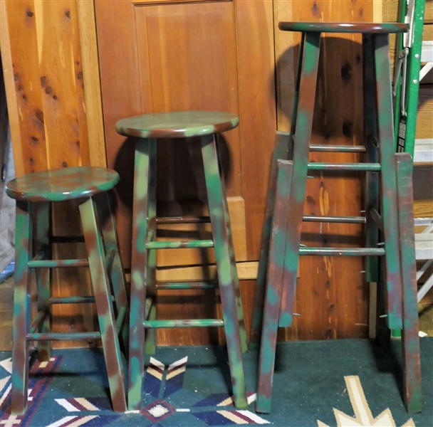 3 Camo Painted Wood Stools - Measuring 40" 30" and 24"