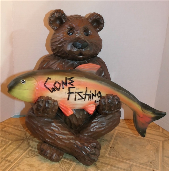 Bear Statue with "Welcome" / "Gone Fishing" Reversible Fish - Measures 17" Tall 