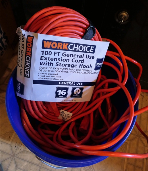 New 100 Foot Extension Cord and 2 Other Cords in Lowes Bucket