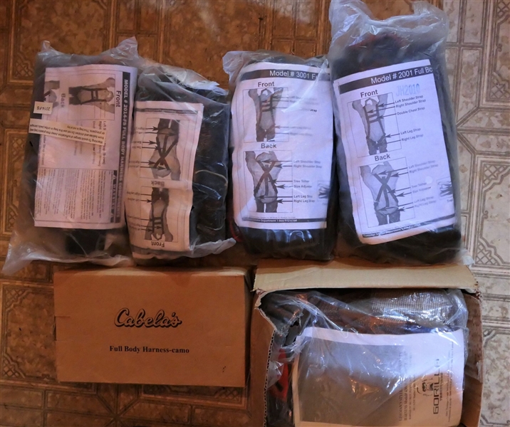 6 Full Body Harnesses including 4 New in Sealed Packages, 1 Cabellas, and 1 Other