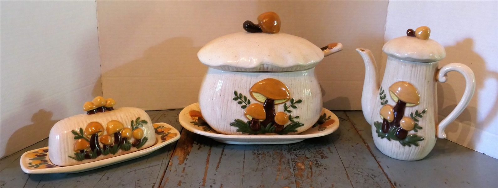 3 Pieces of Mushroom Kitchenware including Tureen with Under plate and Ladle, Coffee Pot, and Butter Dish - Pot Measures 8 1/2" Tall, Tureen 8" 