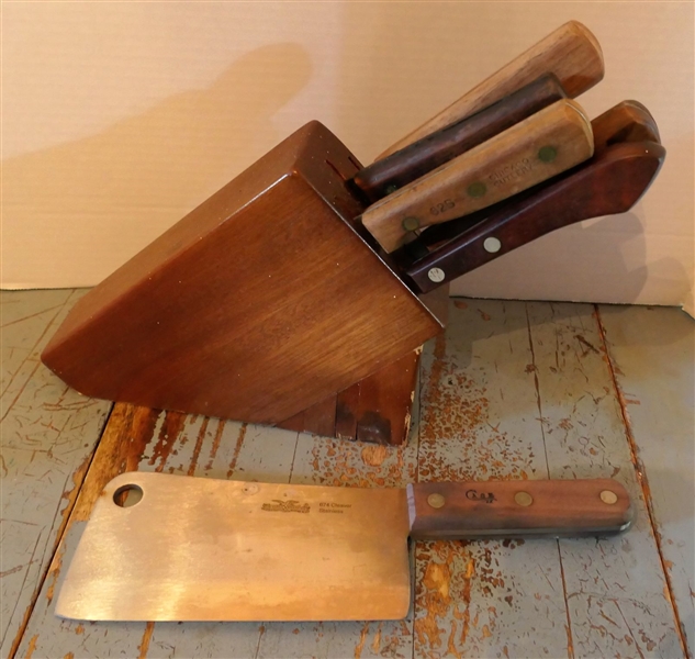 Case XX Meat Cleaver and Block of Kitchen Knives including Chicago Cutlery and Old Hickory