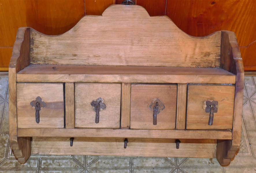 Hanging Wood Key Box / Shelf with 4 Small Drawers and Hooks - Measures 14" Tall 20" by 7 1/2"