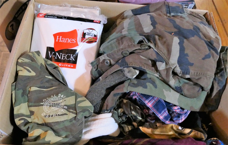Lot of Vintage Clothes and Hunting Camo including pair of Thermals, Pack of T Shirts, and Plaid Wrangler Shirt