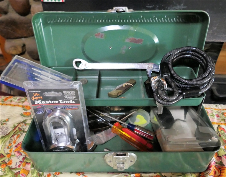 Green Metal Tool Box with Lock (No Key), Locking Cable, Tools, Knife, Etc. 