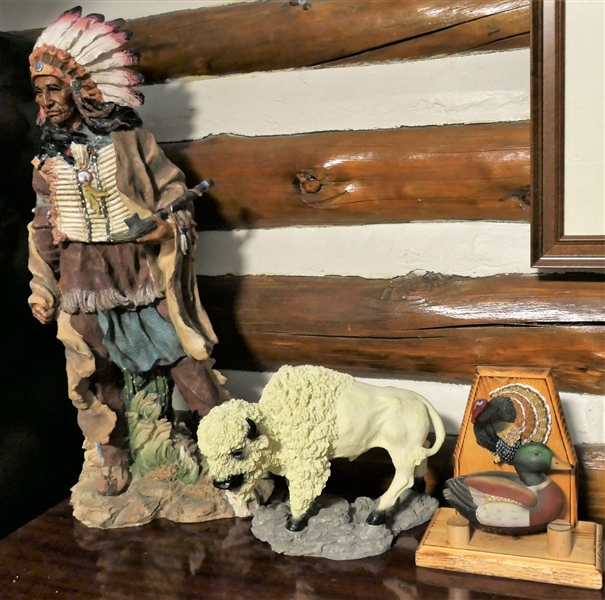 Resin 24" Indian Statue, Resin White Buffalo Statue, Turkey Wood Stand, and Duck