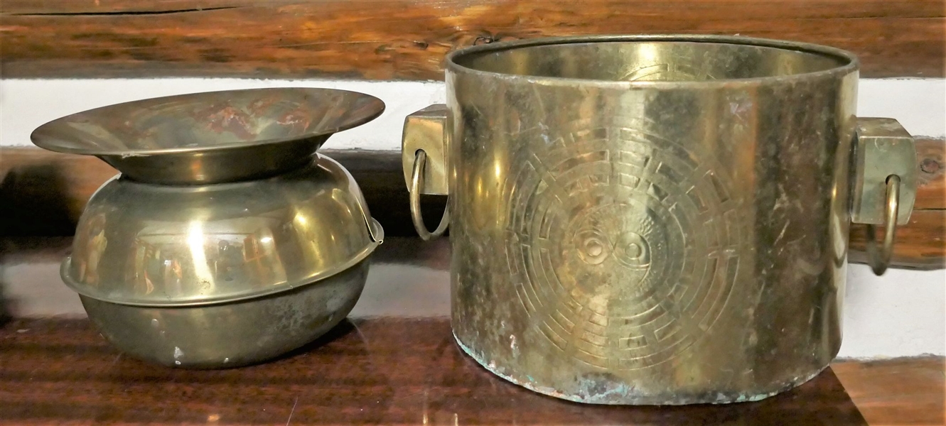 Brass Spittoon and Brass Planter with Embossed Sun Burst - Ring Handles - Measures 7" Tall 10" Across