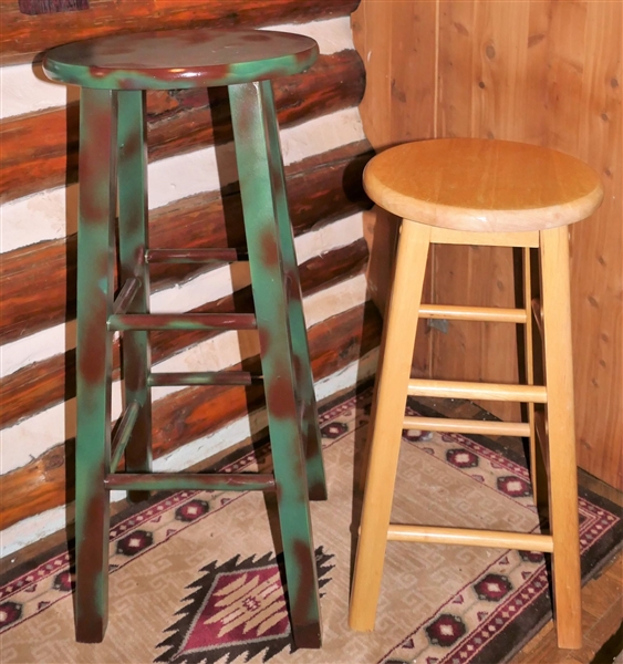 2 Wood Stools - Camo Painted 30" and Wood 24"