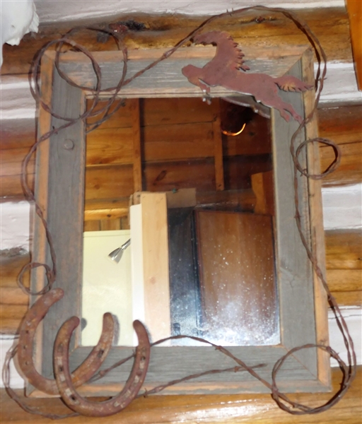 Western Themed Mirror with Reclaimed Wood Frame, Barb Wire, and Horse Shoes - Frame Measures 21" by 17"