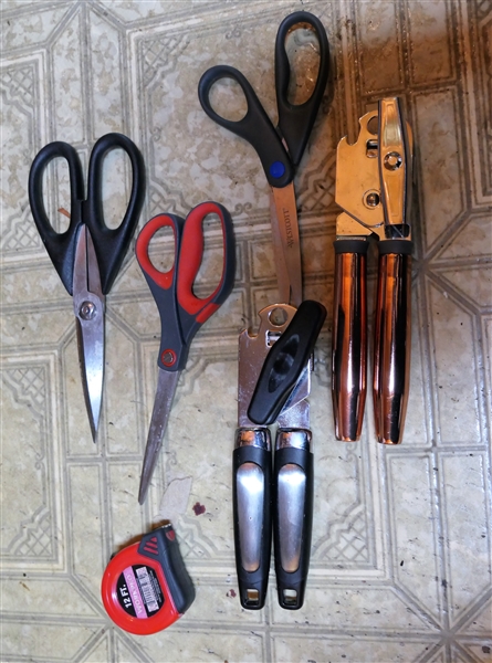 Lot of Kitchen Items including Scissors and Can Openers