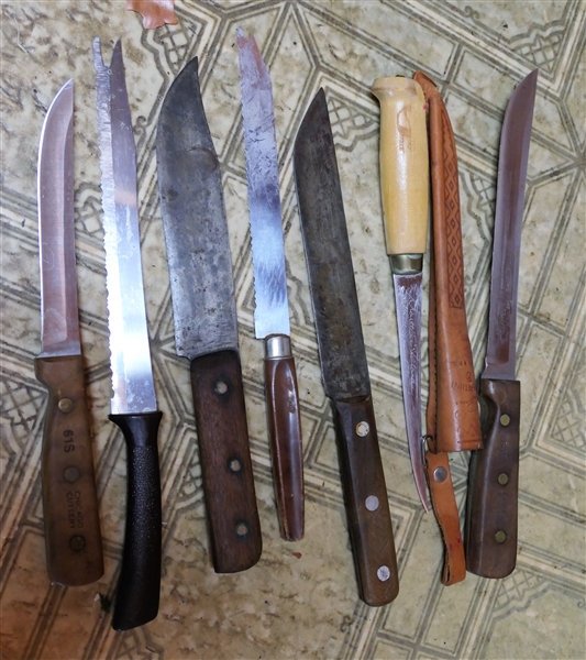 Lot of Knives including Signed Filet Knife with Leather Sheath