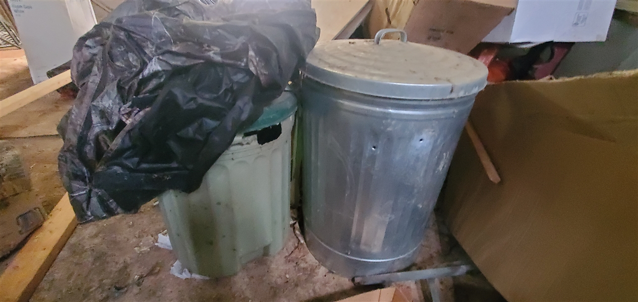 Galvanized Trash Can, Camo Blind Cover, and Plastic Trash Can