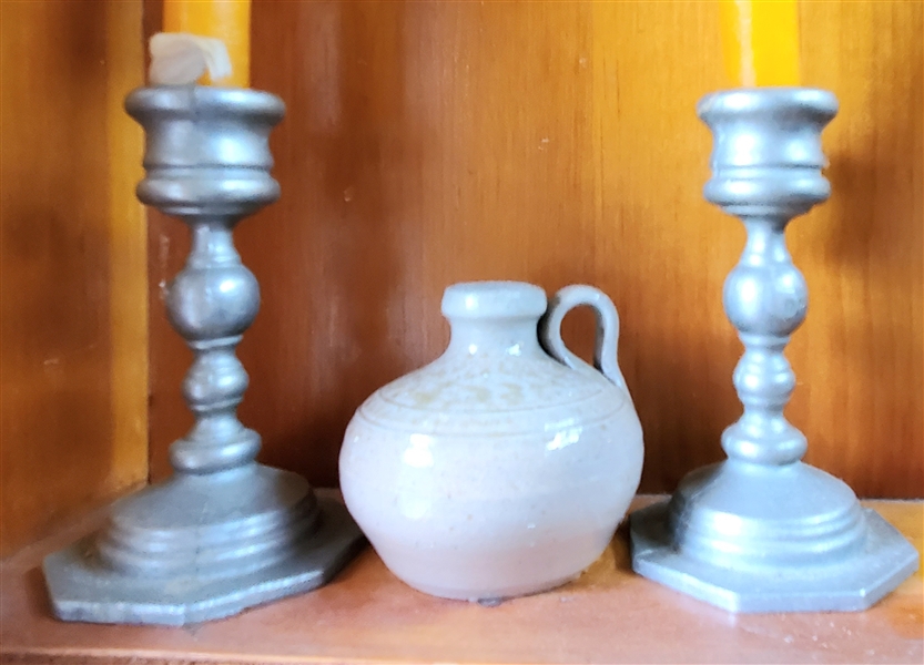 Pair of Pewter Candle Sticks and Miniature NC Pottery Jug