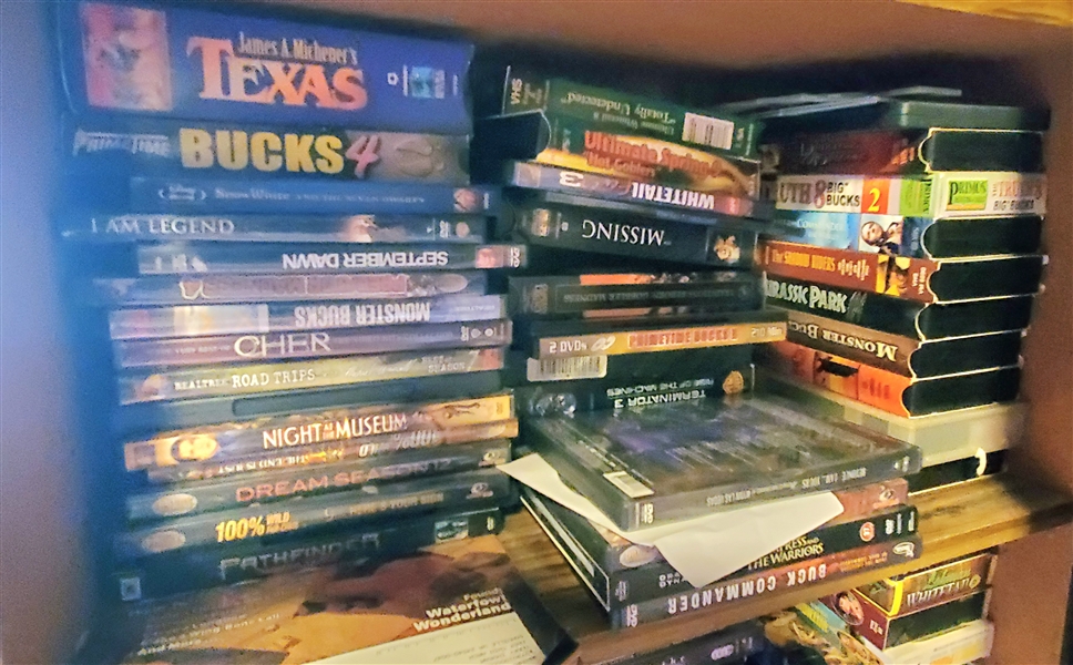 Lot of DVD and VHS Movies including Bucks 4, Cher, Night at the Museum, Texas, Etc. 