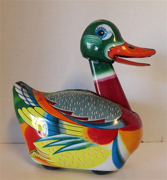 Daiya Made in Japan Tin Litho Friction Duck Toy - Head Moves and Mouth Opens - Measures 6 1/2" Tall 