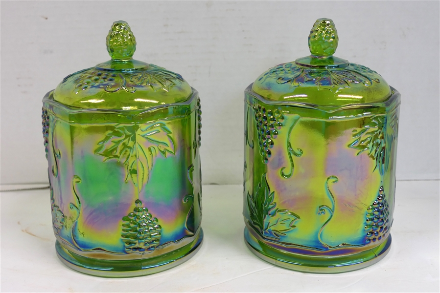 2 Indiana Glass Lime Green Carnival Harvest Canisters - Each Measures 7 1/2" Tall 
