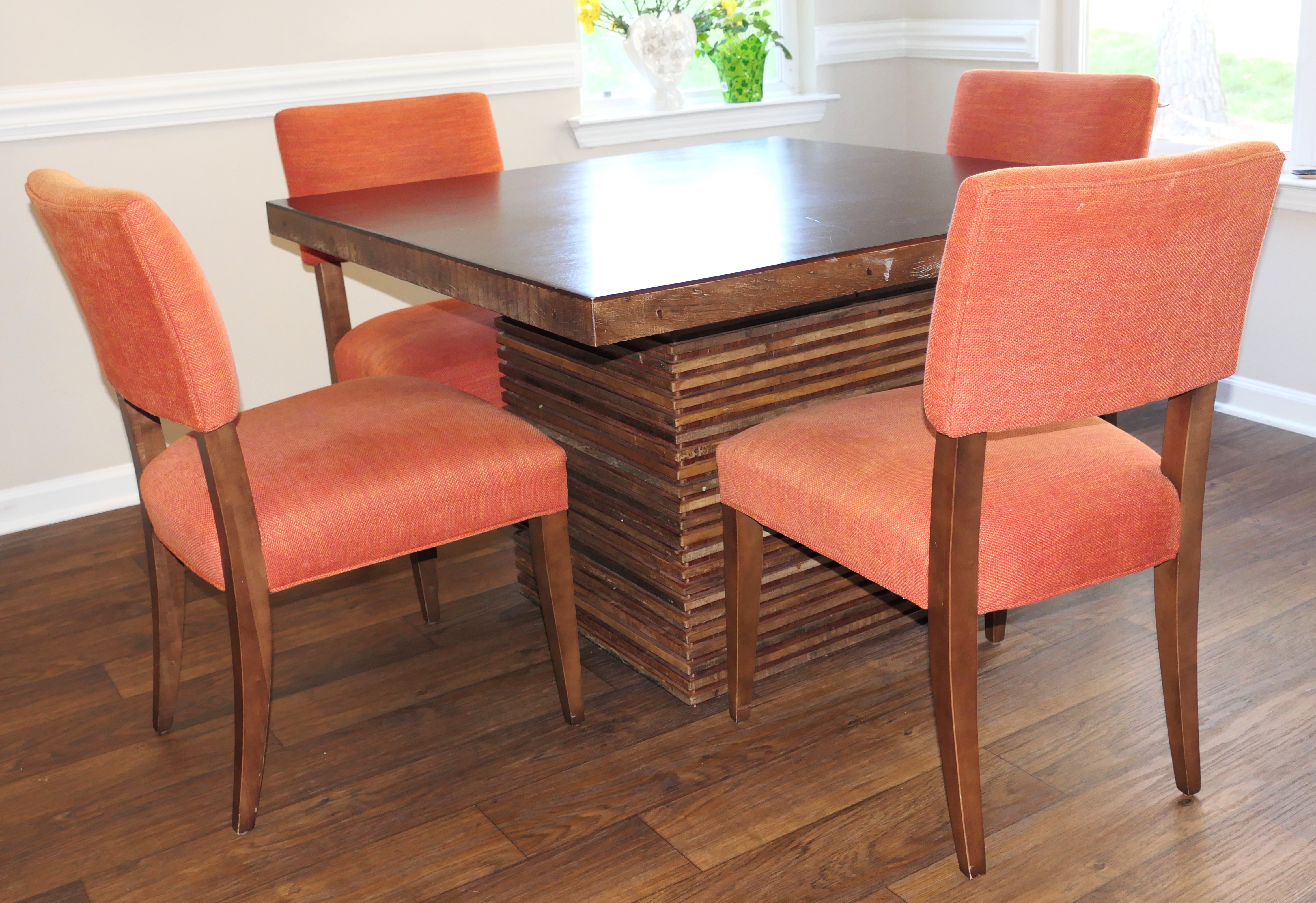 Lot Detail Modern Crate and Barrel Paloma Square Table with 4 Matching Chairs Table Has Very Unusual Stacked Wood Base Chairs Have Nice Burnt Orange Upholstery Table Measures 30 Tall 45 by 45