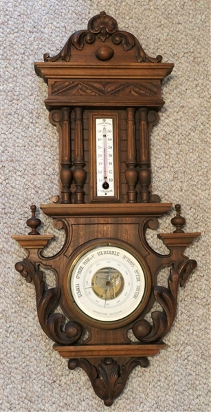Beautiful French Walnut Barometer / Thermometer - Carved Shell and Scrolls - Measures 30" by 15 1/2" 
