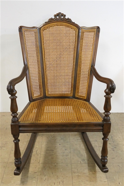 Nice French Style Cane Back Rocker with Paneled Cane Back and Seat - Chair Measures 38" Tall 22" Across