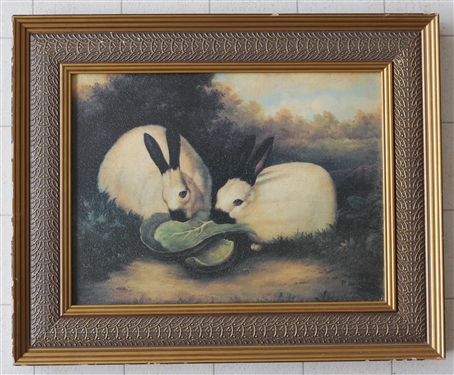 P. Rolen Rabbit Print on Canvas in Gold Gilt Frame - Frame Measures 17" by 21" - Some Paint Flaking Around Edges of Frame 