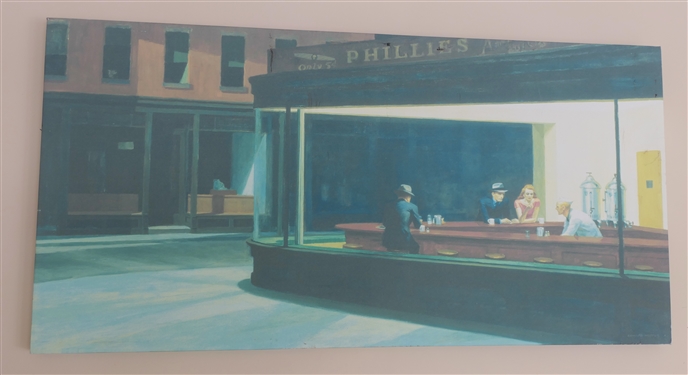 "Nighthawks" by Edward Hopper - Print on Canvas - Some Overall Fading - Measures 24" by 48" 