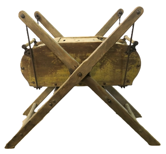 Yellow Painted Davis Swinging Churn - Stenciled "Manufactured by Vermont Farm Machine Co. Bellows Falls" - Stenciling Is Faded -Churn Swings Freely - Stand Measures 39" - Some Minor Damage to Wood...