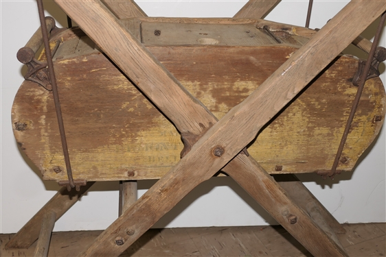 Yellow Painted Davis Swinging Churn - Stenciled Manufactured by Vermont Farm Machine Co. Bellows Falls - Stenciling Is Faded -Churn Swings Freely - Stand Measures 39 - Some Minor Damage to Wood...