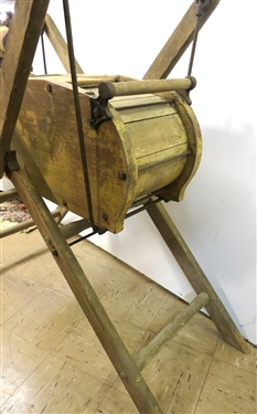 Yellow Painted Davis Swinging Churn - Stenciled Manufactured by Vermont Farm Machine Co. Bellows Falls - Stenciling Is Faded -Churn Swings Freely - Stand Measures 39 - Some Minor Damage to Wood...