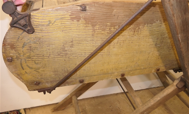 Yellow Painted Davis Swinging Churn - Stenciled Manufactured by Vermont Farm Machine Co. Bellows Falls - Stenciling Is Faded -Churn Swings Freely - Stand Measures 39 - Some Minor Damage to Wood...
