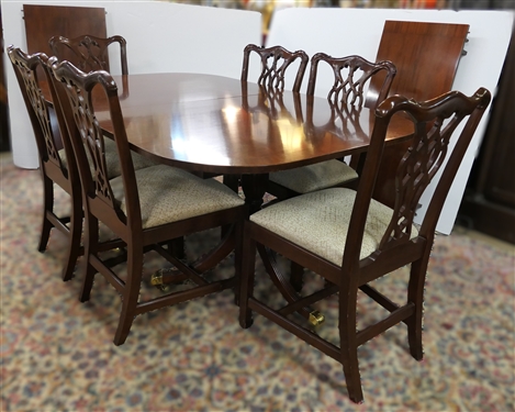 Outstanding Councill Craftsmen Mahogany Chippendale Style Dining Table with 6 Ribbon Back Side Chairs - Fine Table with 2 Leaves and Table Pad - Chairs with Clean Tan / Beige Upholstery - Table As...