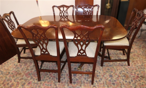 Outstanding Councill Craftsmen Mahogany Chippendale Style Dining Table with 6 Ribbon Back Side Chairs - Fine Table with 2 Leaves and Table Pad - Chairs with Clean Tan / Beige Upholstery - Table As...