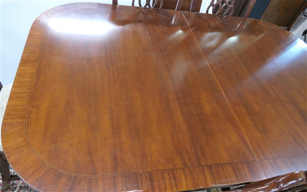 Outstanding Councill Craftsmen Mahogany Chippendale Style Dining Table with 6 Ribbon Back Side Chairs - Fine Table with 2 Leaves and Table Pad - Chairs with Clean Tan / Beige Upholstery - Table As...
