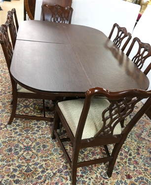 Outstanding Councill Craftsmen Mahogany Chippendale Style Dining Table with 6 Ribbon Back Side Chairs - Fine Table with 2 Leaves and Table Pad - Chairs with Clean Tan / Beige Upholstery - Table As...