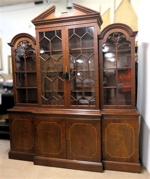 Century Reproductions "The Sutton Collection" Chippendale Style Mahogany Breakfront - Glass Upper Cabinet with Wavy Glass in Doors - Adjustable Wooden Shelves with Glass Inserts - Lighted Top -...