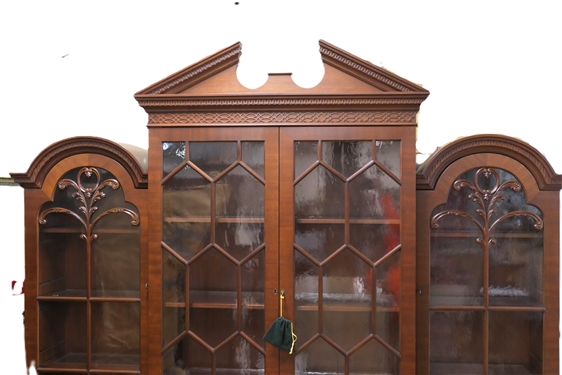 Century Reproductions The Sutton Collection Chippendale Style Mahogany Breakfront - Glass Upper Cabinet with Wavy Glass in Doors - Adjustable Wooden Shelves with Glass Inserts - Lighted Top -...
