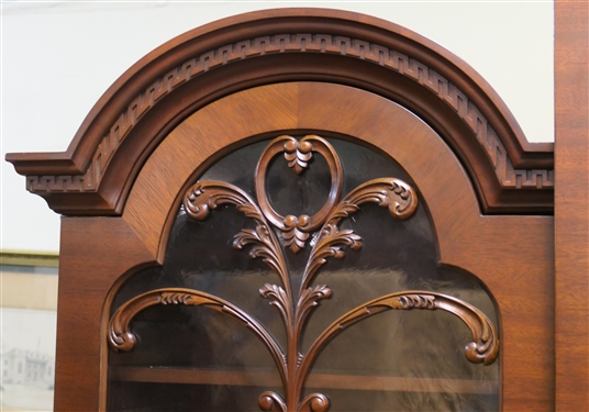 Century Reproductions The Sutton Collection Chippendale Style Mahogany Breakfront - Glass Upper Cabinet with Wavy Glass in Doors - Adjustable Wooden Shelves with Glass Inserts - Lighted Top -...