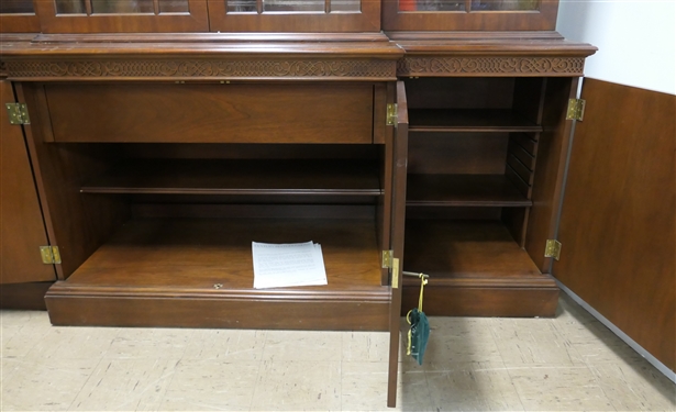Century Reproductions The Sutton Collection Chippendale Style Mahogany Breakfront - Glass Upper Cabinet with Wavy Glass in Doors - Adjustable Wooden Shelves with Glass Inserts - Lighted Top -...