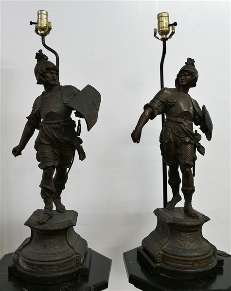 Pair of Zinc Roman Soldier Figural Lamps - Wood Bases  - Highly Detailed Soldier Figures - Soldier on Right Has Broken Sword - Lamps Measure 28" Tall 