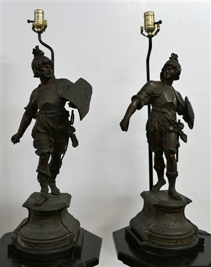 Pair of Zinc Roman Soldier Figural Lamps - Wood Bases  - Highly Detailed Soldier Figures - Soldier on Right Has Broken Sword - Lamps Measure 28 Tall 