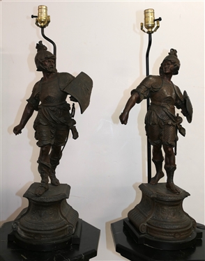 Pair of Zinc Roman Soldier Figural Lamps - Wood Bases  - Highly Detailed Soldier Figures - Soldier on Right Has Broken Sword - Lamps Measure 28 Tall 