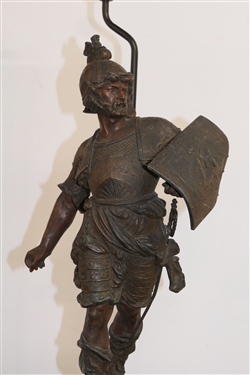 Pair of Zinc Roman Soldier Figural Lamps - Wood Bases  - Highly Detailed Soldier Figures - Soldier on Right Has Broken Sword - Lamps Measure 28 Tall 
