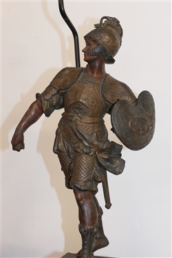 Pair of Zinc Roman Soldier Figural Lamps - Wood Bases  - Highly Detailed Soldier Figures - Soldier on Right Has Broken Sword - Lamps Measure 28 Tall 