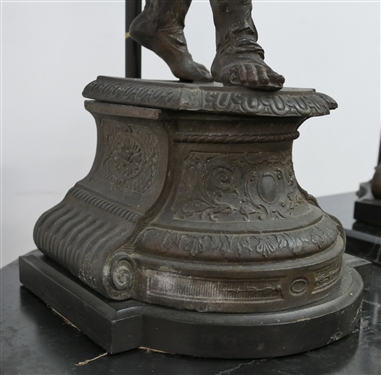 Pair of Zinc Roman Soldier Figural Lamps - Wood Bases  - Highly Detailed Soldier Figures - Soldier on Right Has Broken Sword - Lamps Measure 28 Tall 