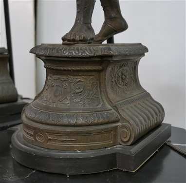 Pair of Zinc Roman Soldier Figural Lamps - Wood Bases  - Highly Detailed Soldier Figures - Soldier on Right Has Broken Sword - Lamps Measure 28 Tall 