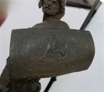 Pair of Zinc Roman Soldier Figural Lamps - Wood Bases  - Highly Detailed Soldier Figures - Soldier on Right Has Broken Sword - Lamps Measure 28 Tall 