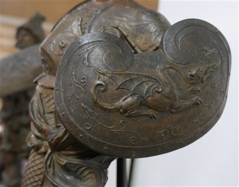 Pair of Zinc Roman Soldier Figural Lamps - Wood Bases  - Highly Detailed Soldier Figures - Soldier on Right Has Broken Sword - Lamps Measure 28 Tall 